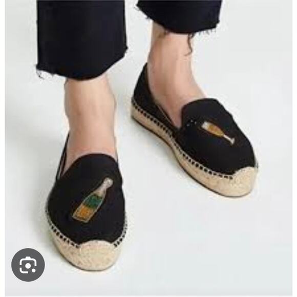 Saludos Womens 7 Black Cheers Champagne Bottle Glass Flats Slip On Espadrille - Picture 1 of 8